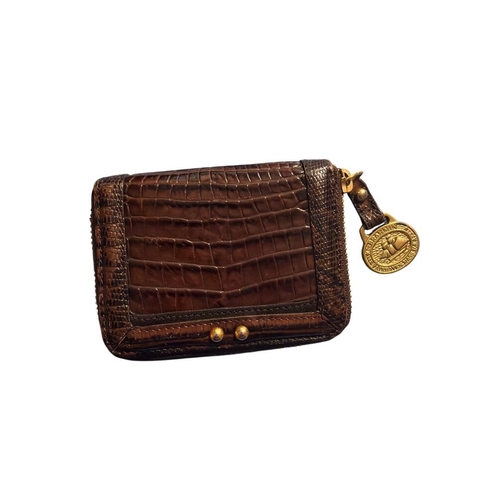 BRAHMIN Brown Croc Embossed Leather Zip Around Wallet Organizer Brass Logo